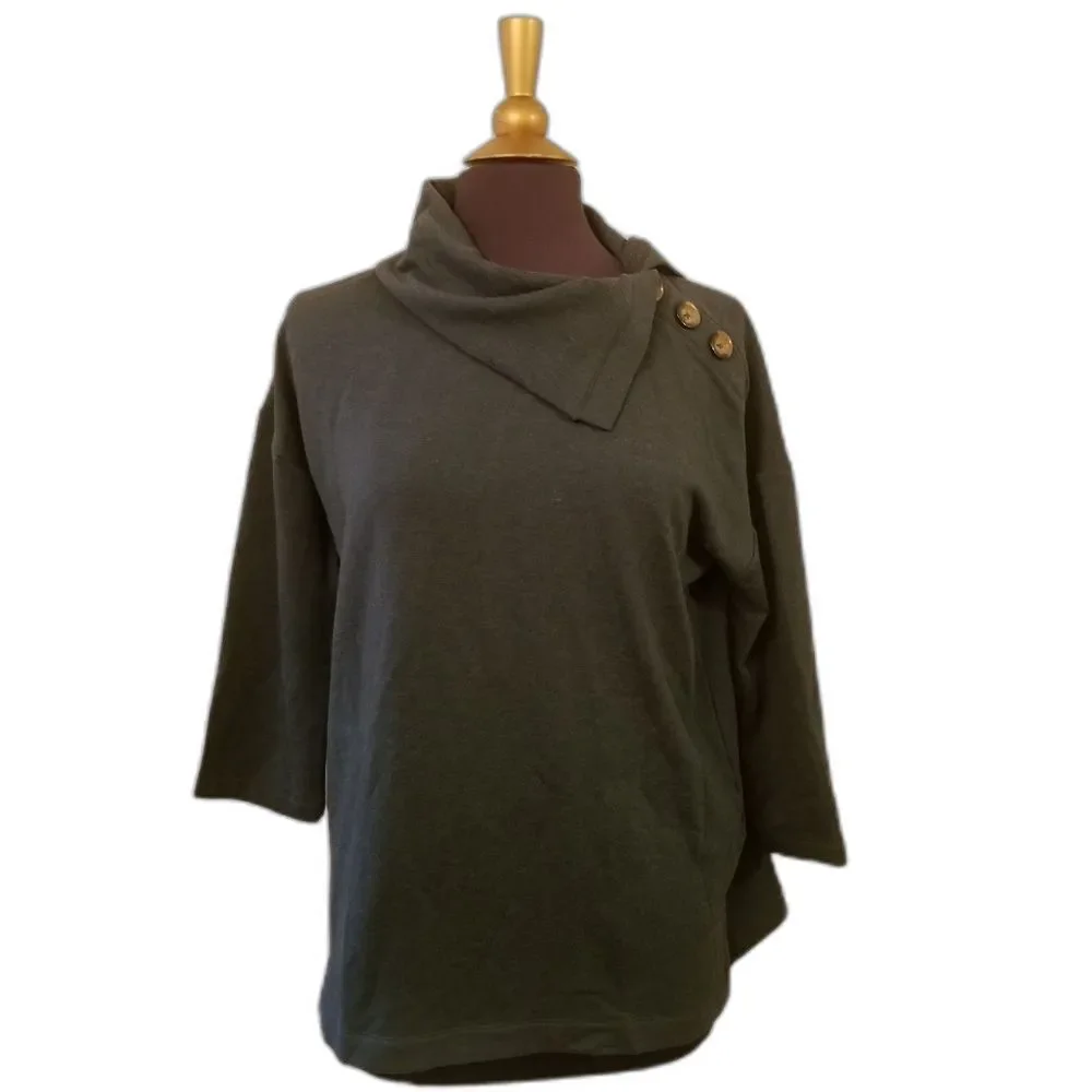 Tahari Top Womens Size Large Green Pullover Asymmetrical Collar Lagenlook Fall